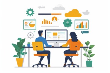 A couple gazes at their computer, admiring the charming clipart and child-like illustrations of clothing and footwear in their latest design project