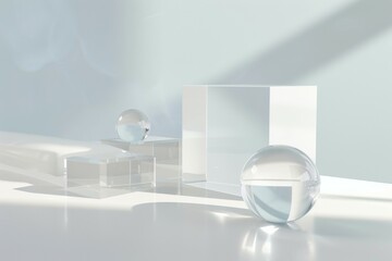 Transparent glass geometric shapes abstract white podium