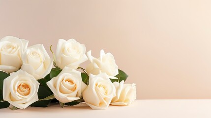 White roses on a beige background with copy space. 3d rendering Generative AI