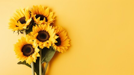 Bouquet of sunflowers on yellow background. Flat lay, top view, copy space Generative AI