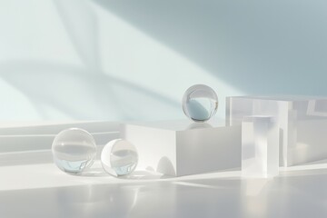 Transparent glass geometric shapes abstract white podium