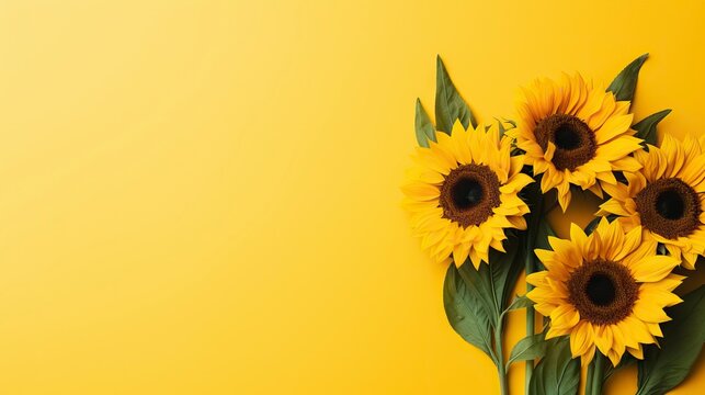 Sunflower bouquet on yellow background. Flat lay, top view Generative AI