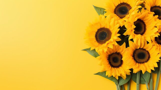 Sunflower bouquet on yellow background. Flat lay, top view Generative AI