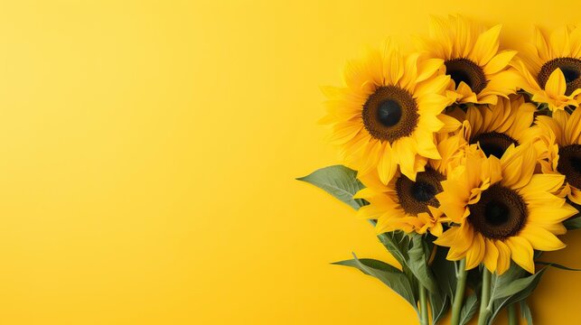 Bouquet of sunflowers on yellow background. Flat lay, top view Generative AI