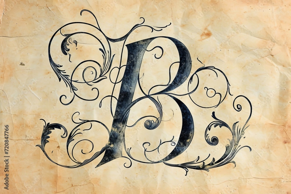 Poster a mesmerizing ink drawing of a whimsical letter b, adorned with delicate swirls and intricate detail