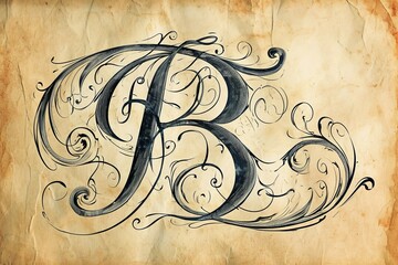 An intricate ink sketch of a black letter adorned with elegant swirls, evoking a sense of depth and mystery within the world of art and drawing