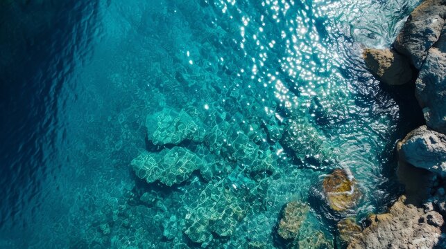 Sun-kissed rocks dot the aqua waters of the reef, inviting us to dive into the mesmerizing depths of the turquoise ocean