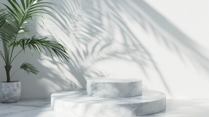 3D white marble podium on bright white wall scene with shadow of leaf. Minimal geometric shape. Cosmetic background for product presentation and fashion magazine.