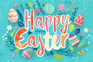 An imaginative easter greeting bursting with vibrant graphics and playful child-like illustrations, adorned with blooming flowers and whimsical eggs, all brought together with eye-catching typography