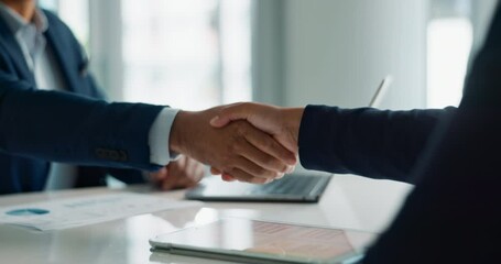 Business people, closeup and handshake for deal, agreement and partnership negotiation in office. Shaking hands, contract and hiring offer for recruitment, interview and financial analyst in meeting