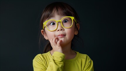 asian little girl wearing lime framed small children's glasses and clothes - Powered by Adobe