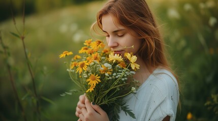 young caucasian woman holding a bouquet of yellow flowers embracing the fresh and attractive nature