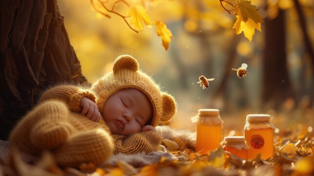 newborn asian baby dressed in bear, lying next to a maple tree with honey jars and bees, autumn photo