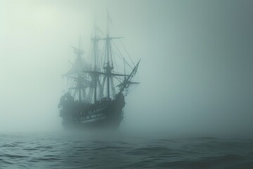 Obraz premium A haunted pirate ship sailing on a mysterious and foggy sea Ghostly ship
