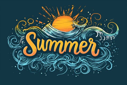 Vibrant typography dances with playful waves, inviting us to soak up the sun in this dynamic graphic design poster