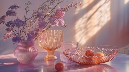glass vessels, purple orange and pink, with fresh flowers and fruits, ray light and reflection, nostalgia vaporwave aesthetic - obrazy, fototapety, plakaty