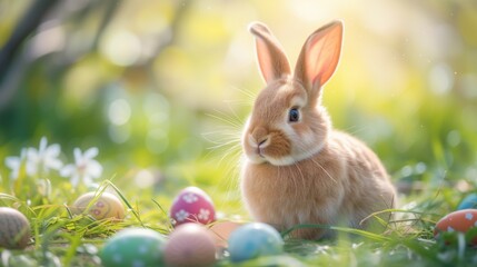 easter bunny in a dreamy and calm forest surrounded with decorated and colorful eggs