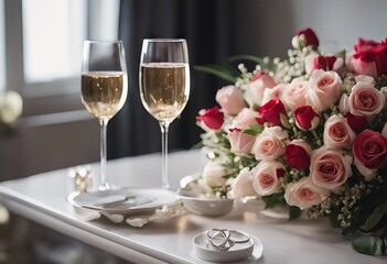 Obraz na płótnie Canvas Valentine's Day bedroom glasses table engagement flowers ring decorated wine Bouquet