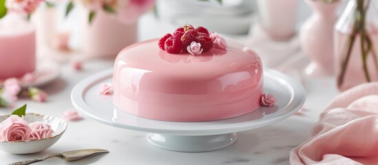Obraz na płótnie Canvas Pink Mirror Glaze Cake on a White Table