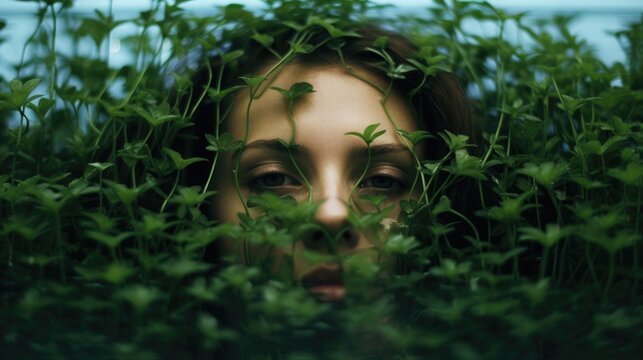 Young woman with green leaves in her face. Natural beauty concept. Generative AI