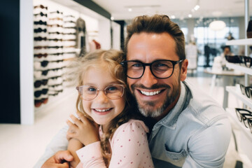Father and daughter trying on glasses in an eyewear store - obrazy, fototapety, plakaty