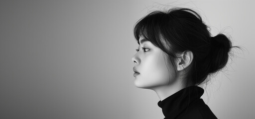 Black and white photo of side profile portrait of an Asian woman, seamless white background, high contrast - Powered by Adobe