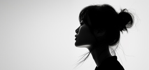 Black and white photo of side profile portrait of an Asian woman, seamless white background, high contrast