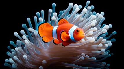 Clown anemonefish (Amphiprion percula) in the sea anemone, isolated on black background. Generative AI - obrazy, fototapety, plakaty