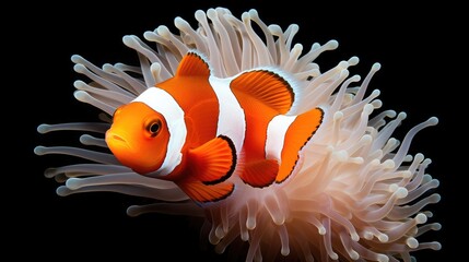 Clown anemone fish isolated on black background. Clipping path included. Generative AI - obrazy, fototapety, plakaty