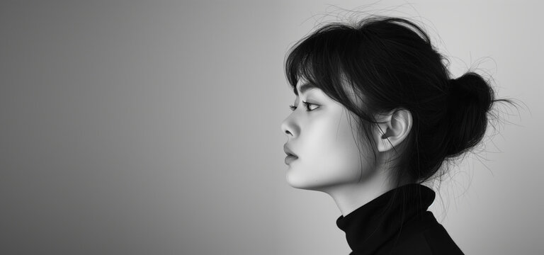 Black and white photo of side profile portrait of an Asian woman, seamless white background, high contrast