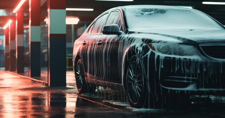 washing car neon, car wash, sports car, detailing concept, Car Business - obrazy, fototapety, plakaty