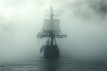 Fototapeta premium A haunted pirate ship sailing on a mysterious and foggy sea Ghostly ship