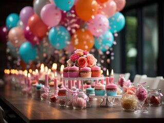 Colorful Birthday Party Setup with Balloons, Cake, and Decorations AI Generated