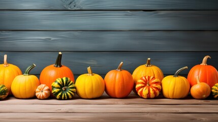 Colorful pumpkins on wooden background. Halloween or Thanksgiving background. Generative AI