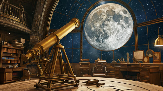 historical observatory interior, with an antique brass telescope pointing out of an open dome towards a full moon, surrounded by vintage astronomical charts and equipment