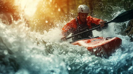 Fototapeta premium kayaker navigating through rapid river waters, spray splashing around, focus on the intense expression and the dynamic movement of the water, lush green forest in the background