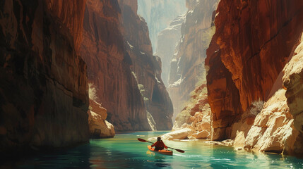 kayaker passing through a narrow, rocky canyon, the play of light and shadow on the canyon walls, the water's turquoise hue contrasting with the reddish rocks