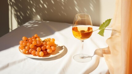 glass of white wine and grapes on a white table in the sunlight Generative AI