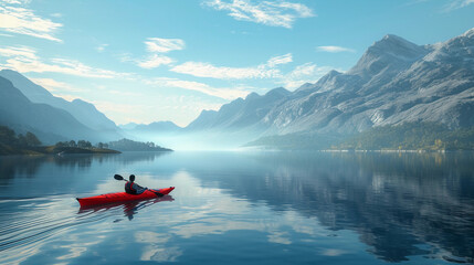 kayaking in a tranquil lake surrounded by mountains, the water reflecting the clear blue sky, the kayak vibrant red, the scene bathed in the soft light of early morning - Powered by Adobe