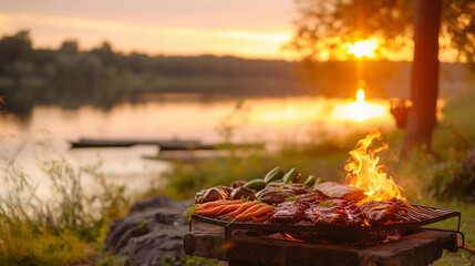 barbecue scene by a lake at sunset, with a focus on the slow cooking process over an open flame, the barbecue filled with a variety of meats, vegetables on the side