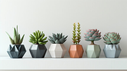 vases in muted tones, each containing a different succulent plant, arranged on a white shelf...