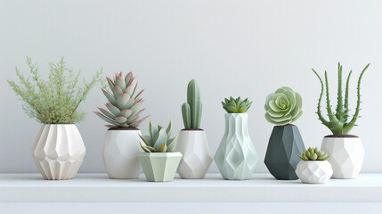 vases in muted tones, each containing a different succulent plant, arranged on a white shelf against a light gray wall - obrazy, fototapety, plakaty