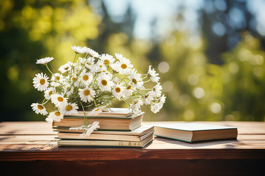 book sunny day, chamomile book, garden table, View Books, stack books
