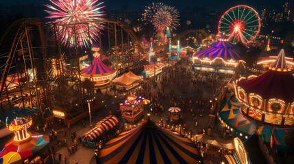 fairgrounds filled with colorful tents, roller coasters, and merry-go-rounds, lively crowds, vibrant fireworks in the sky - obrazy, fototapety, plakaty