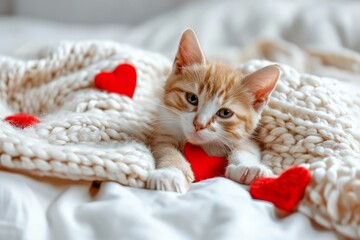 Valentines Day. Kitten playing with red hearts on white  bed. Adorable domestic kitty pets concept