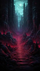 Fantasy dark forest with neon light, 3d rendering digital illustration Generative AI