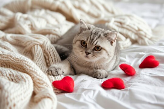Valentines Day cat. Small kitten playing with red hearts on light white blanket on bed