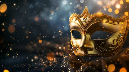 Foto auf Glas Venetian carnival theater flyer or banner, golden mask on dark background and bokeh with space for text © katerinka
