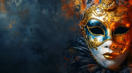 theatrical flyer or banner for the Venice carnival, mask on a dark background with space for text