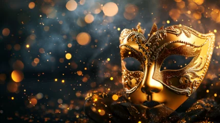 Gardinen Venetian carnival theater flyer or banner, golden mask on dark background and bokeh with space for text © katerinka